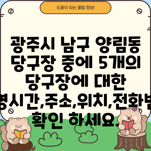 광주시 남구 양림동 당구장 중에 5개의 당구장에 대한 운영시간,주소,위치,전화번호 확인 하세요.