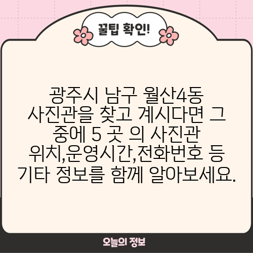 광주시 남구 월산4동 사진관을 찾고 계시다면 그 중에 5 곳 의 사진관 위치,운영시간,전화번호 등 기타 정보를 함께 알아보세요.