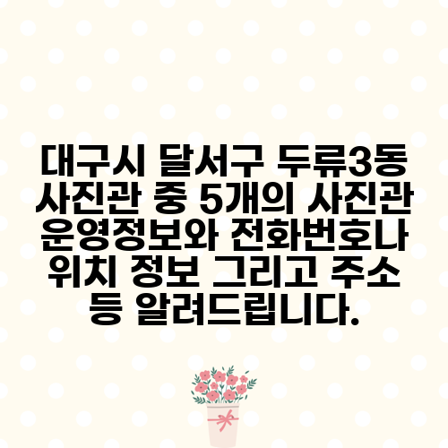 대구시 달서구 두류3동 사진관 중 5개의 사진관 운영정보와 전화번호나 위치 정보 그리고 주소 등 알려드립니다.