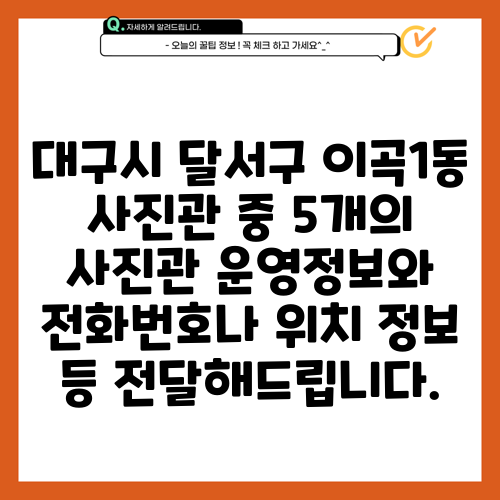대구시 달서구 이곡1동 사진관 중 5개의 사진관 운영정보와 전화번호나 위치 정보 등 전달해드립니다.