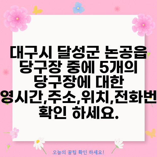 대구시 달성군 논공읍 당구장 중에 5개의 당구장에 대한 운영시간,주소,위치,전화번호 확인 하세요.