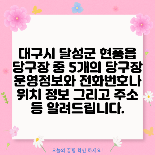 대구시 달성군 현풍읍 당구장 중 5개의 당구장 운영정보와 전화번호나 위치 정보 그리고 주소 등 알려드립니다.