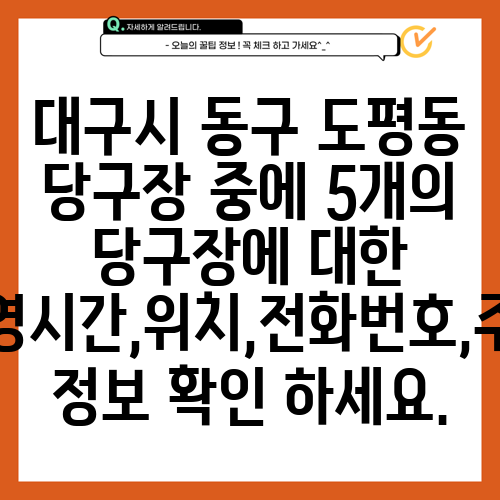 대구시 동구 도평동 당구장 중에 5개의 당구장에 대한 운영시간,위치,전화번호,주소 정보 확인 하세요.