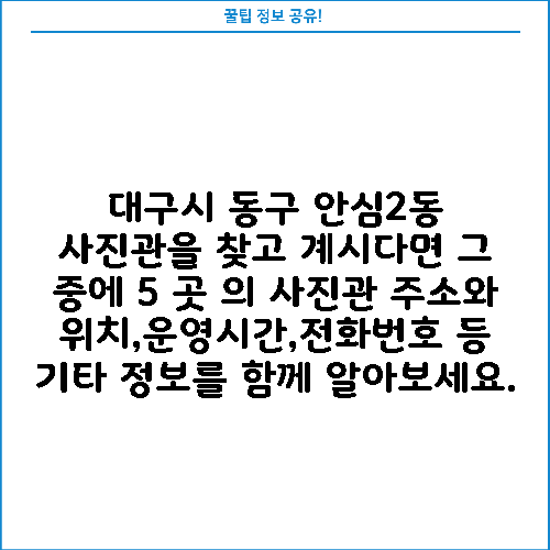 대구시 동구 안심2동 사진관을 찾고 계시다면 그 중에 5 곳 의 사진관 주소와 위치,운영시간,전화번호 등 기타 정보를 함께 알아보세요.