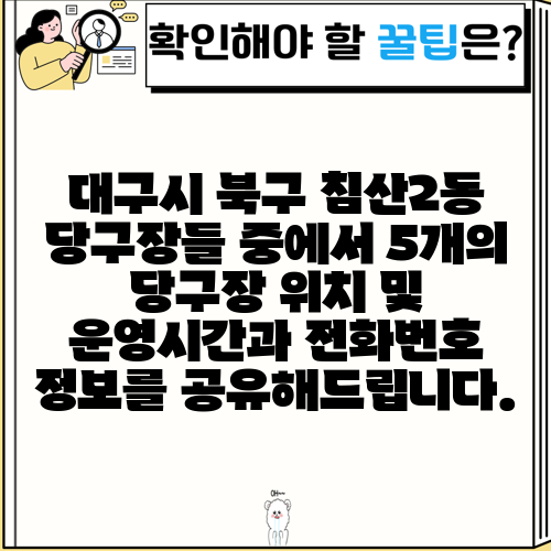 대구시 북구 침산2동 당구장들 중에서 5개의 당구장 위치 및 운영시간과 전화번호 정보를 공유해드립니다.