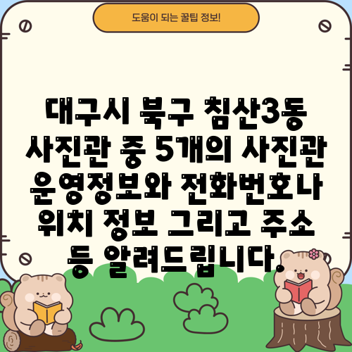 대구시 북구 침산3동 사진관 중 5개의 사진관 운영정보와 전화번호나 위치 정보 그리고 주소 등 알려드립니다.