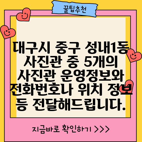 대구시 중구 성내1동 사진관 중 5개의 사진관 운영정보와 전화번호나 위치 정보 등 전달해드립니다.