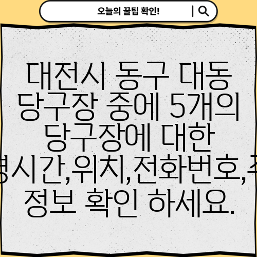 대전시 동구 대동 당구장 중에 5개의 당구장에 대한 운영시간,위치,전화번호,주소 정보 확인 하세요.
