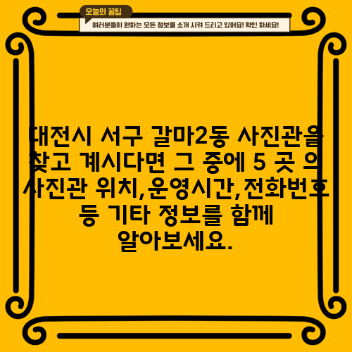 대전시 서구 갈마2동 사진관을 찾고 계시다면 그 중에 5 곳 의 사진관 위치,운영시간,전화번호 등 기타 정보를 함께 알아보세요.