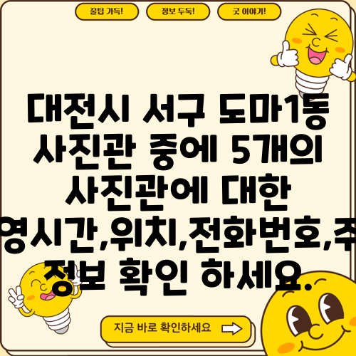 대전시 서구 도마1동 사진관 중에 5개의 사진관에 대한 운영시간,위치,전화번호,주소 정보 확인 하세요.