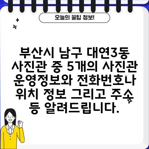 부산시 남구 대연3동 사진관 중 5개의 사진관 운영정보와 전화번호나 위치 정보 그리고 주소 등 알려드립니다.