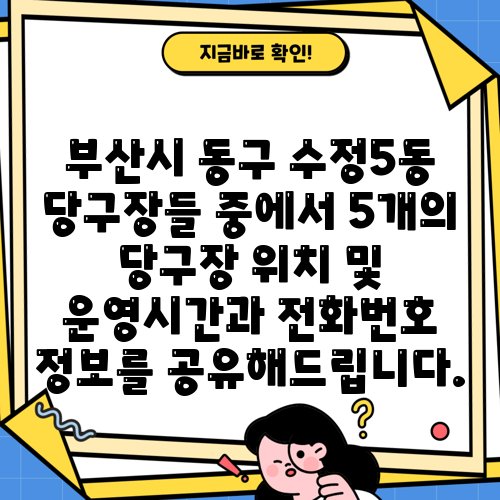부산시 동구 수정5동 당구장들 중에서 5개의 당구장 위치 및 운영시간과 전화번호 정보를 공유해드립니다.