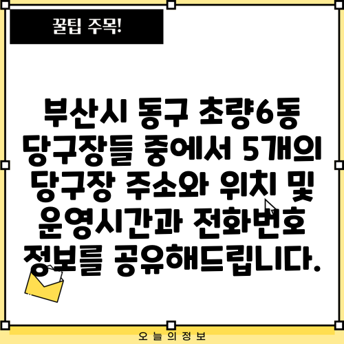 부산시 동구 초량6동 당구장들 중에서 5개의 당구장 주소와 위치 및 운영시간과 전화번호 정보를 공유해드립니다.