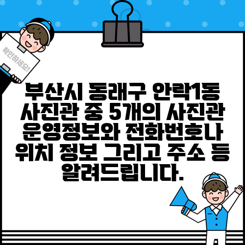 부산시 동래구 안락1동 사진관 중 5개의 사진관 운영정보와 전화번호나 위치 정보 그리고 주소 등 알려드립니다.