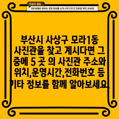 부산시 사상구 모라1동 사진관을 찾고 계시다면 그 중에 5 곳 의 사진관 주소와 위치,운영시간,전화번호 등 기타 정보를 함께 알아보세요.