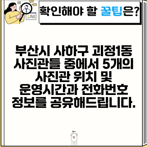 부산시 사하구 괴정1동 사진관들 중에서 5개의 사진관 위치 및 운영시간과 전화번호 정보를 공유해드립니다.