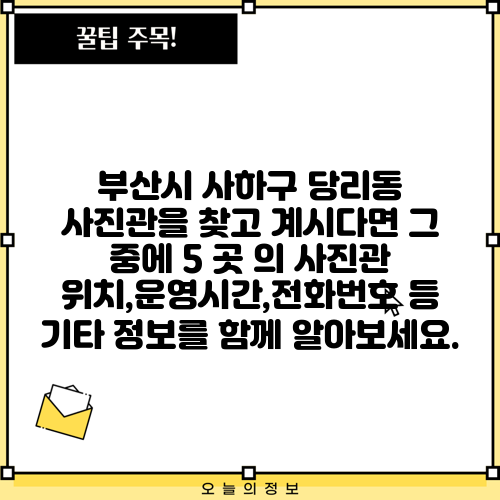 부산시 사하구 당리동 사진관을 찾고 계시다면 그 중에 5 곳 의 사진관 위치,운영시간,전화번호 등 기타 정보를 함께 알아보세요.