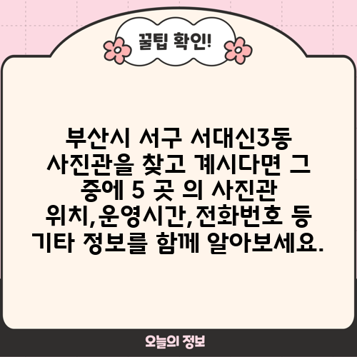 부산시 서구 서대신3동 사진관을 찾고 계시다면 그 중에 5 곳 의 사진관 위치,운영시간,전화번호 등 기타 정보를 함께 알아보세요.