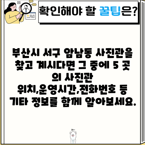 부산시 서구 암남동 사진관을 찾고 계시다면 그 중에 5 곳 의 사진관 위치,운영시간,전화번호 등 기타 정보를 함께 알아보세요.