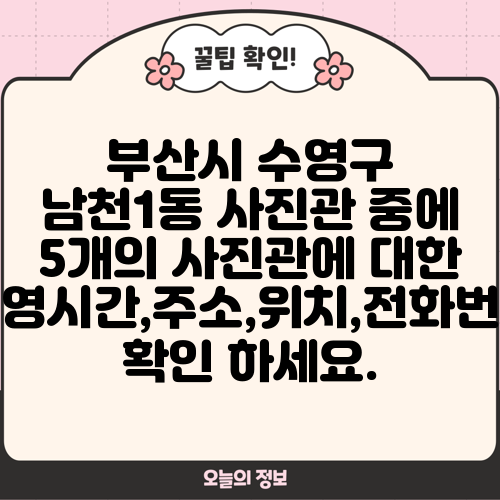 부산시 수영구 남천1동 사진관 중에 5개의 사진관에 대한 운영시간,주소,위치,전화번호 확인 하세요.