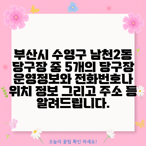 부산시 수영구 남천2동 당구장 중 5개의 당구장 운영정보와 전화번호나 위치 정보 그리고 주소 등 알려드립니다.
