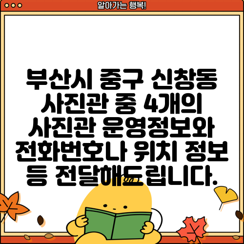 부산시 중구 신창동 사진관 중 4개의 사진관 운영정보와 전화번호나 위치 정보 등 전달해드립니다.