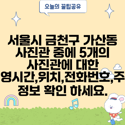 서울시 금천구 가산동 사진관 중에 5개의 사진관에 대한 운영시간,위치,전화번호,주소 정보 확인 하세요.