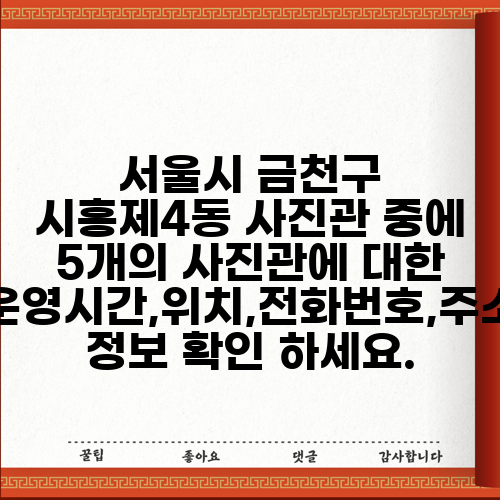 서울시 금천구 시흥제4동 사진관 중에 5개의 사진관에 대한 운영시간,위치,전화번호,주소 정보 확인 하세요.