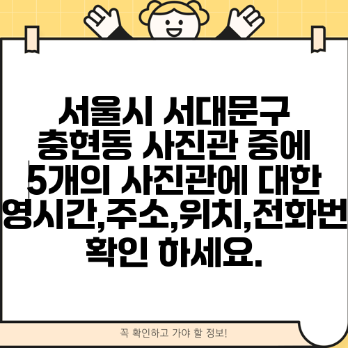서울시 서대문구 충현동 사진관 중에 5개의 사진관에 대한 운영시간,주소,위치,전화번호 확인 하세요.