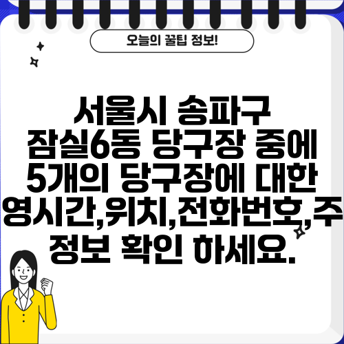 서울시 송파구 잠실6동 당구장 중에 5개의 당구장에 대한 운영시간,위치,전화번호,주소 정보 확인 하세요.