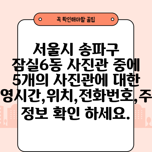 서울시 송파구 잠실6동 사진관 중에 5개의 사진관에 대한 운영시간,위치,전화번호,주소 정보 확인 하세요.