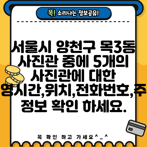 서울시 양천구 목3동 사진관 중에 5개의 사진관에 대한 운영시간,위치,전화번호,주소 정보 확인 하세요.
