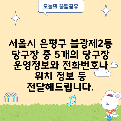 서울시 은평구 불광제2동 당구장 중 5개의 당구장 운영정보와 전화번호나 위치 정보 등 전달해드립니다.