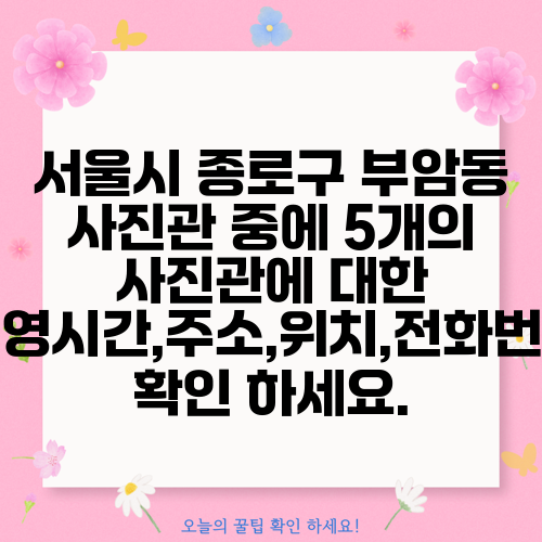 서울시 종로구 부암동 사진관 중에 5개의 사진관에 대한 운영시간,주소,위치,전화번호 확인 하세요.