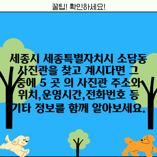 세종시 세종특별자치시 소담동 사진관을 찾고 계시다면 그 중에 5 곳 의 사진관 주소와 위치,운영시간,전화번호 등 기타 정보를 함께 알아보세요.