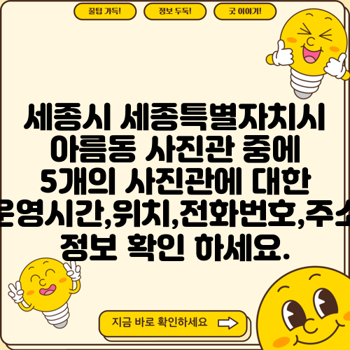 세종시 세종특별자치시 아름동 사진관 중에 5개의 사진관에 대한 운영시간,위치,전화번호,주소 정보 확인 하세요.