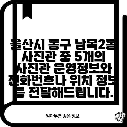울산시 동구 남목2동 사진관 중 5개의 사진관 운영정보와 전화번호나 위치 정보 등 전달해드립니다.