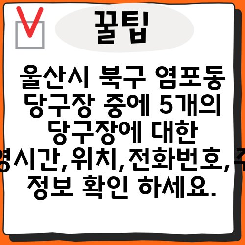 울산시 북구 염포동 당구장 중에 5개의 당구장에 대한 운영시간,위치,전화번호,주소 정보 확인 하세요.