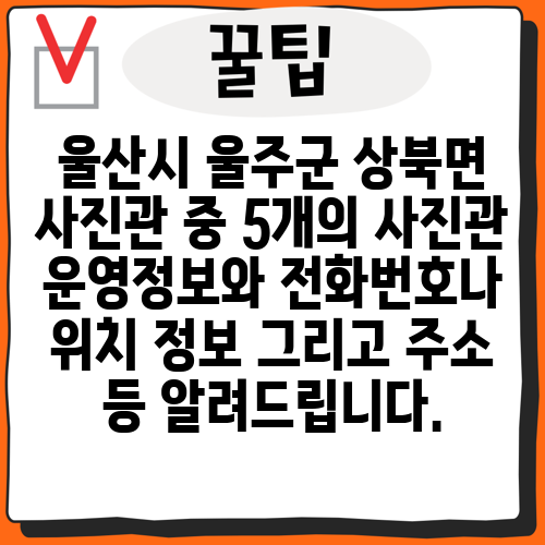 울산시 울주군 상북면 사진관 중 5개의 사진관 운영정보와 전화번호나 위치 정보 그리고 주소 등 알려드립니다.