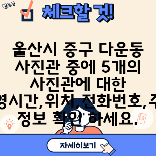 울산시 중구 다운동 사진관 중에 5개의 사진관에 대한 운영시간,위치,전화번호,주소 정보 확인 하세요.