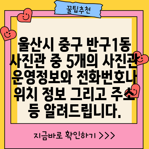 울산시 중구 반구1동 사진관 중 5개의 사진관 운영정보와 전화번호나 위치 정보 그리고 주소 등 알려드립니다.