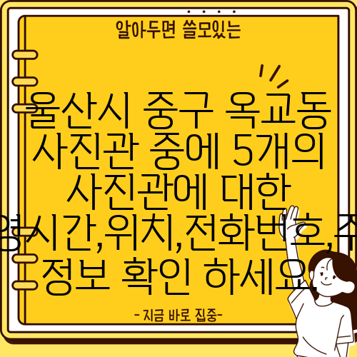울산시 중구 옥교동 사진관 중에 5개의 사진관에 대한 운영시간,위치,전화번호,주소 정보 확인 하세요.