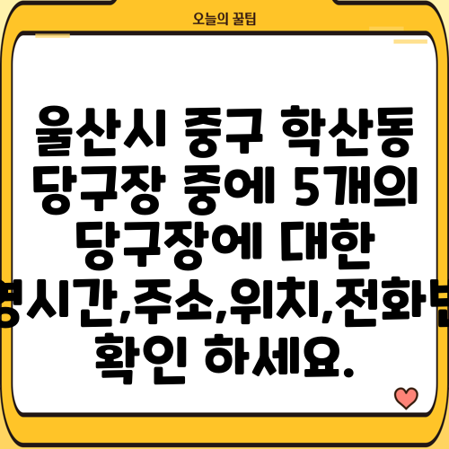 울산시 중구 학산동 당구장 중에 5개의 당구장에 대한 운영시간,주소,위치,전화번호 확인 하세요.