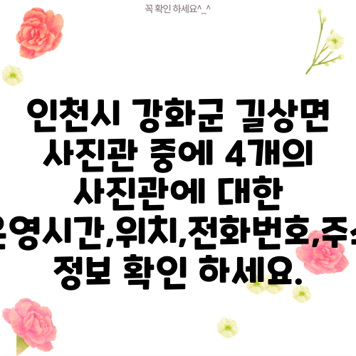 인천시 강화군 길상면 사진관 중에 4개의 사진관에 대한 운영시간,위치,전화번호,주소 정보 확인 하세요.