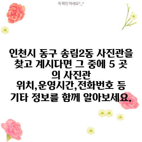 인천시 동구 송림2동 사진관을 찾고 계시다면 그 중에 5 곳 의 사진관 위치,운영시간,전화번호 등 기타 정보를 함께 알아보세요.