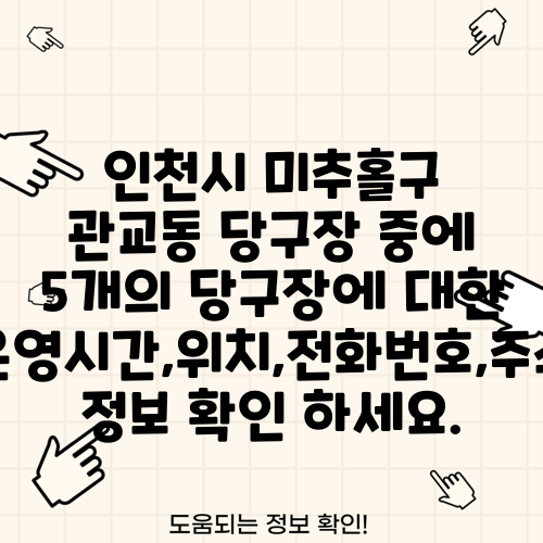 인천시 미추홀구 관교동 당구장 중에 5개의 당구장에 대한 운영시간,위치,전화번호,주소 정보 확인 하세요.