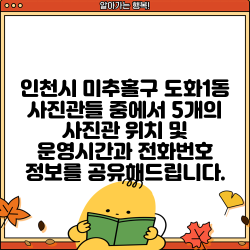 인천시 미추홀구 도화1동 사진관들 중에서 5개의 사진관 위치 및 운영시간과 전화번호 정보를 공유해드립니다.