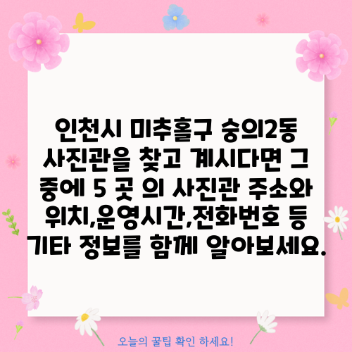 인천시 미추홀구 숭의2동 사진관을 찾고 계시다면 그 중에 5 곳 의 사진관 주소와 위치,운영시간,전화번호 등 기타 정보를 함께 알아보세요.