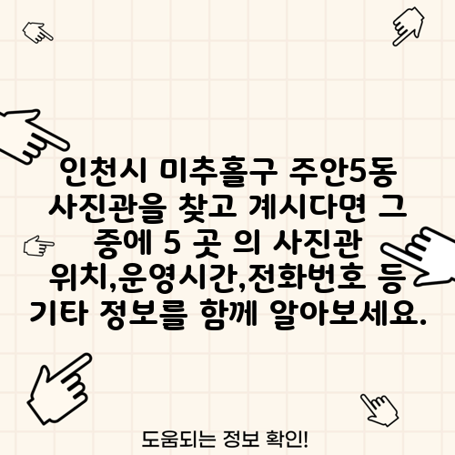 인천시 미추홀구 주안5동 사진관을 찾고 계시다면 그 중에 5 곳 의 사진관 위치,운영시간,전화번호 등 기타 정보를 함께 알아보세요.