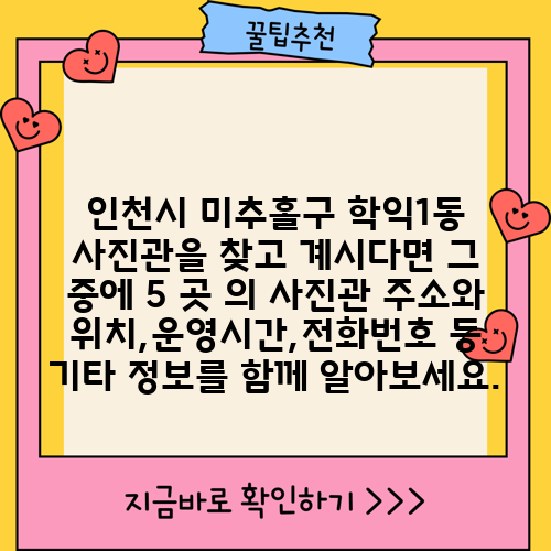 인천시 미추홀구 학익1동 사진관을 찾고 계시다면 그 중에 5 곳 의 사진관 주소와 위치,운영시간,전화번호 등 기타 정보를 함께 알아보세요.